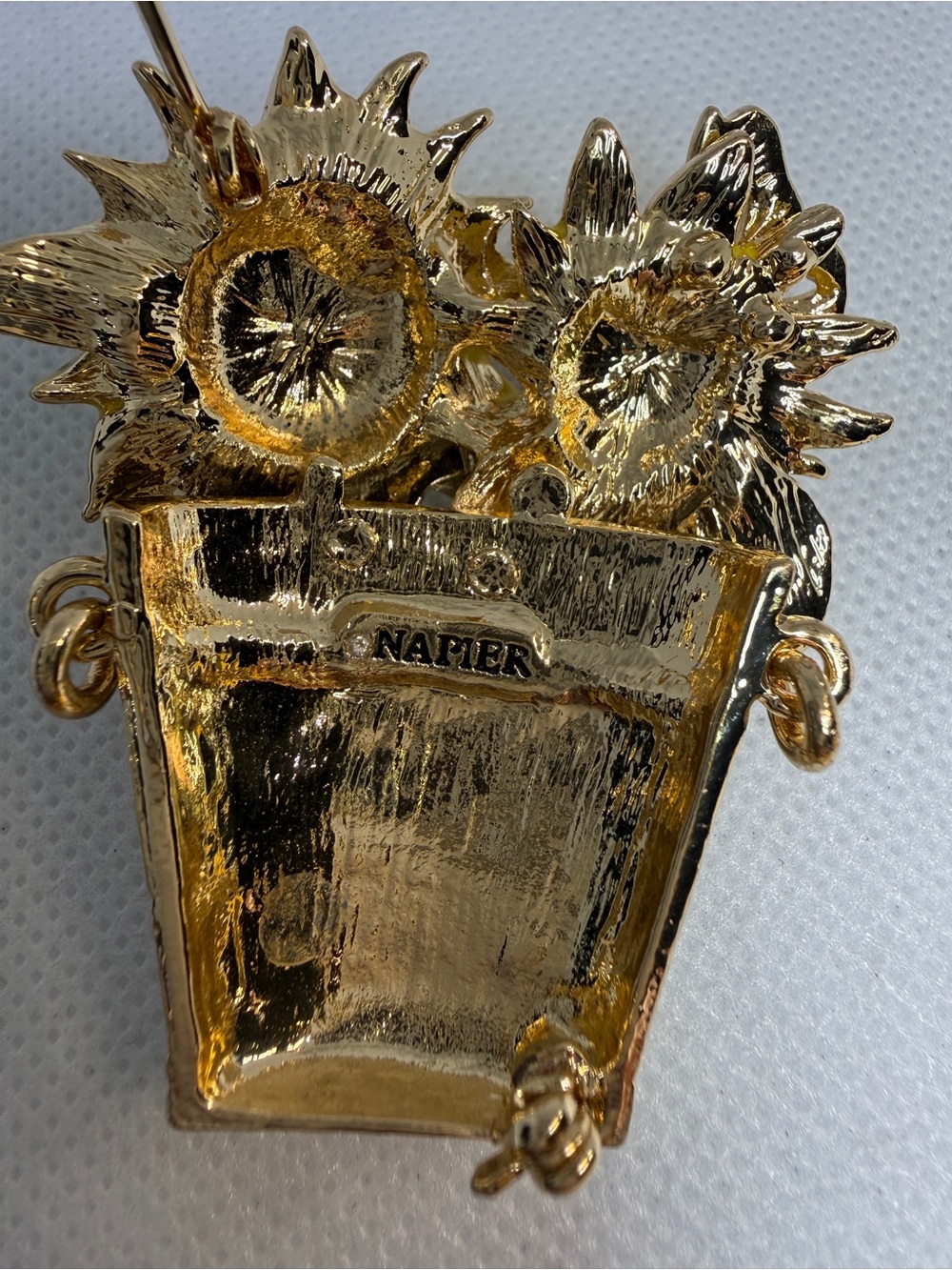 Napier Brooch Gold Tone Sunflower Butterfly Pot with Crystal & Enamel Accent - Picture 2 of 11